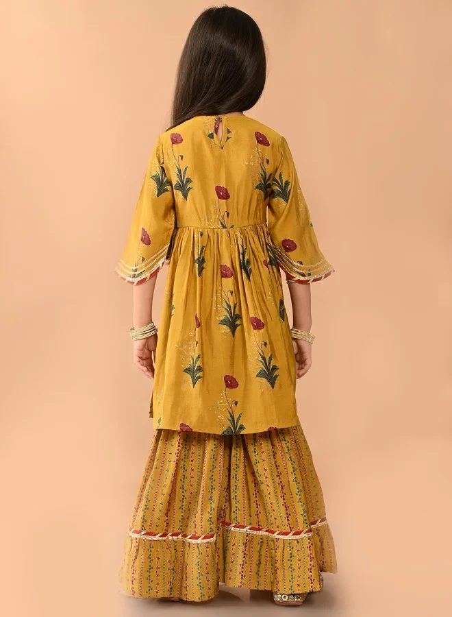 LILPICKS Yellow Kurta Set Straight Fit made from Cotton featuring Self Design design and Round Neck neckline - Perfect for Festive!