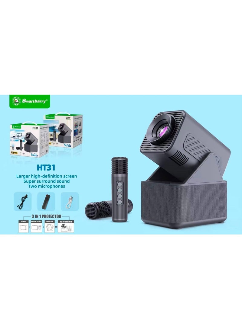 Smartbarry HT31 3-in-1 Smart Projector with 4K Support 5G WiFi, Built-In Speaker & Dual Karaoke Microphones, Portable Home Cinema Projector for Movies, Gaming, Streaming, Karaoke & Family Entertainment - Image 2