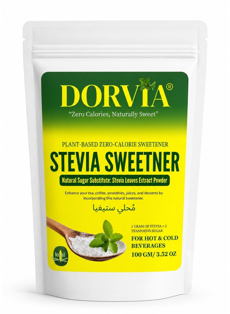 DORVIA Stevia Sweetener Powder (100g) | 100% Plant-Based Natural Sugar Substitute | Sweetness Equal to 2kg Sugar | Zero Calorie, Keto & Diabetic Friendly | No Aspartame, Acesulfame, Sucralose, or Erythritol | Healthy Low-Glycemic Sweetener - Image 1