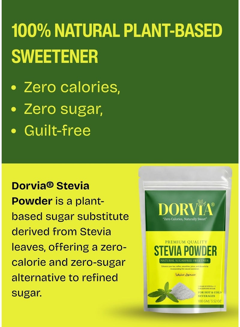DORVIA Stevia Sweetener Powder (100g) | 100% Plant-Based Natural Sugar Substitute | Sweetness Equal to 2kg Sugar | Zero Calorie, Keto & Diabetic Friendly | No Aspartame, Acesulfame, Sucralose, or Erythritol | Healthy Low-Glycemic Sweetener - Image 3