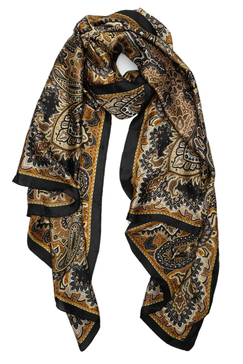 YOUR SMILE Large Mulberry Silk Feeling Long Stain Scarf Lightweight Sunscreen Shawls Wraps for Women (07 Gold/Retro paisley) - Image 1
