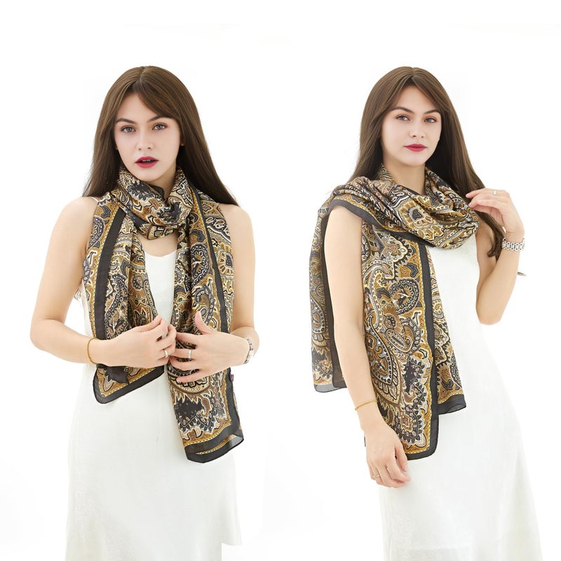 YOUR SMILE Large Mulberry Silk Feeling Long Stain Scarf Lightweight Sunscreen Shawls Wraps for Women (07 Gold/Retro paisley) - Image 2