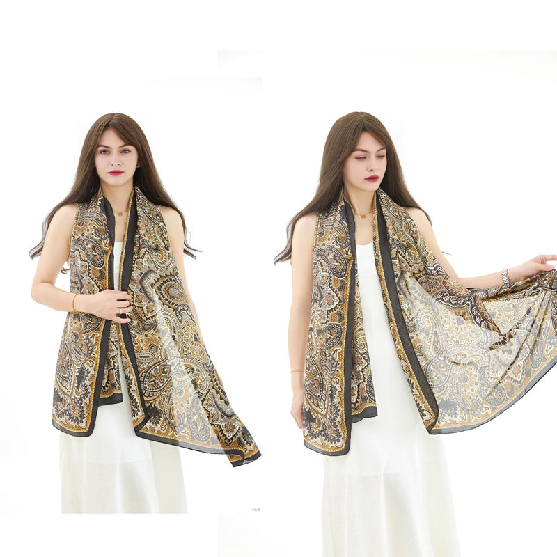 YOUR SMILE Large Mulberry Silk Feeling Long Stain Scarf Lightweight Sunscreen Shawls Wraps for Women (07 Gold/Retro paisley) - Image 3