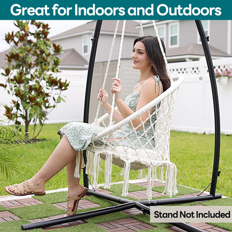 JoyView Macrame Hammock Chair Hanging Swing Chair Max 330 Lbs with 2 Cushions and Hardware Kits for Indoor Outdoor Bedroom Patio Garden - Beige - Image 5