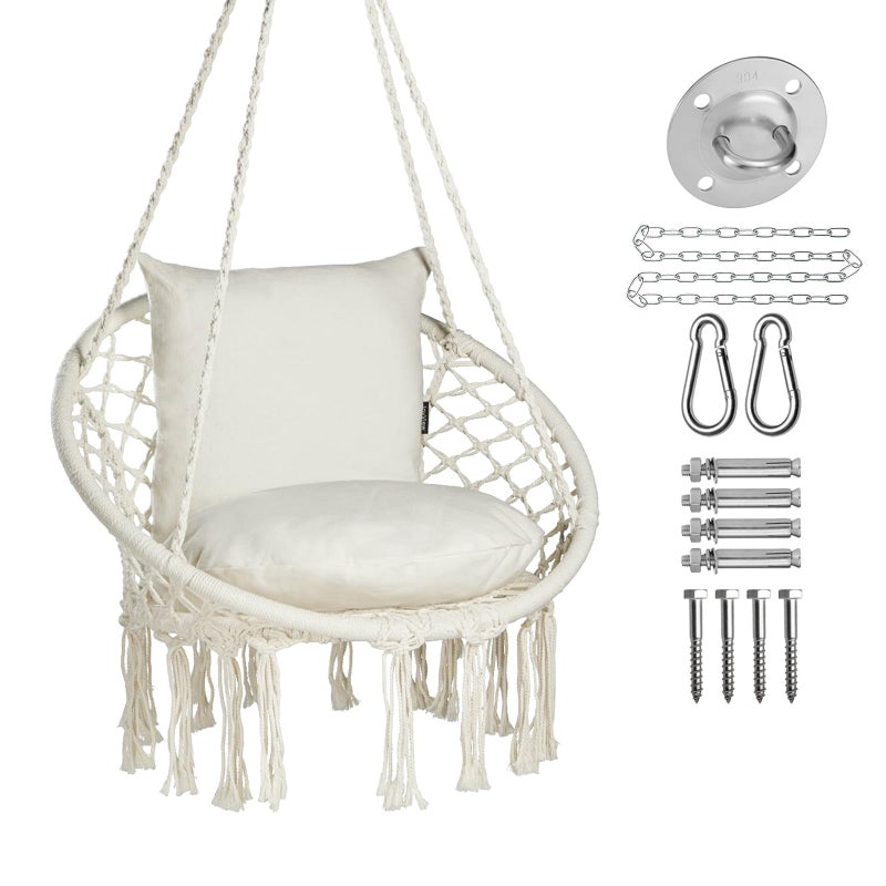 JoyView Macrame Hammock Chair Hanging Swing Chair Max 330 Lbs with 2 Cushions and Hardware Kits for Indoor Outdoor Bedroom Patio Garden - Beige - Image 1