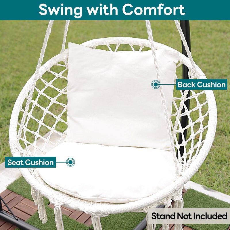 JoyView Macrame Hammock Chair Hanging Swing Chair Max 330 Lbs with 2 Cushions and Hardware Kits for Indoor Outdoor Bedroom Patio Garden - Beige - Image 2