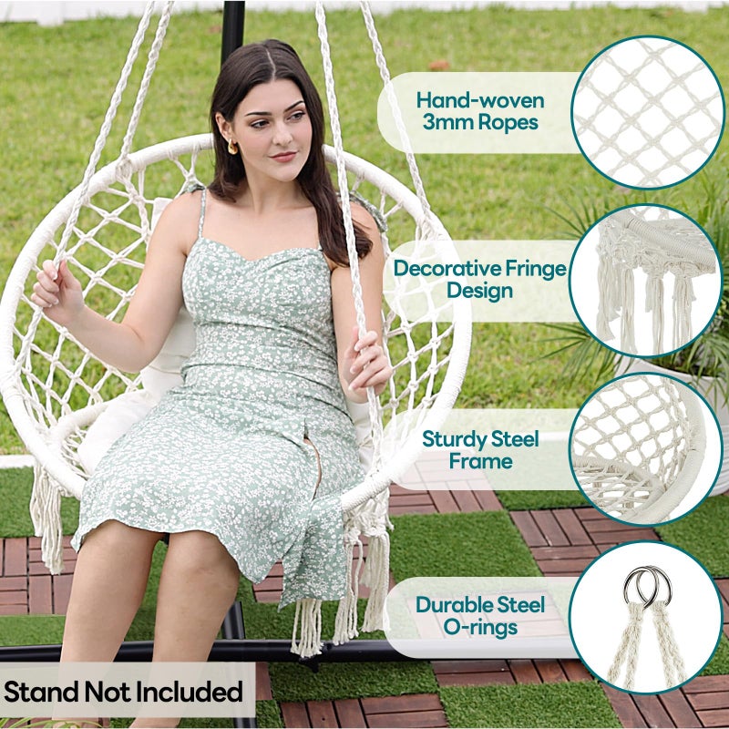 JoyView Macrame Hammock Chair Hanging Swing Chair Max 330 Lbs with 2 Cushions and Hardware Kits for Indoor Outdoor Bedroom Patio Garden - Beige - Image 3