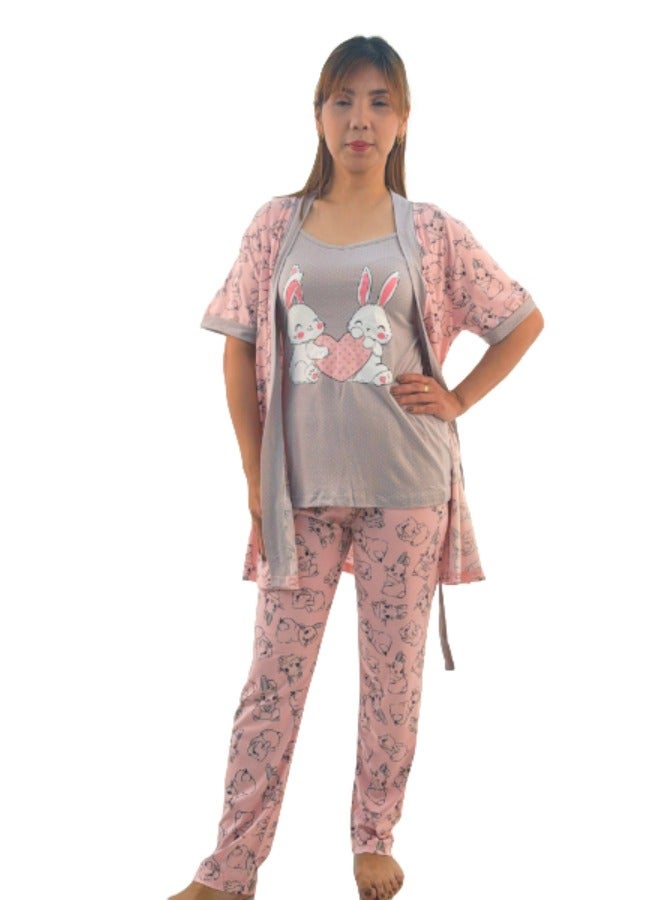 JOANNA JOANNA Women's Short Sleeve Robe Cami & Trouser 3 Pieces Set  Sleepwear with Removable Waist Belt, Pink  - Image 1