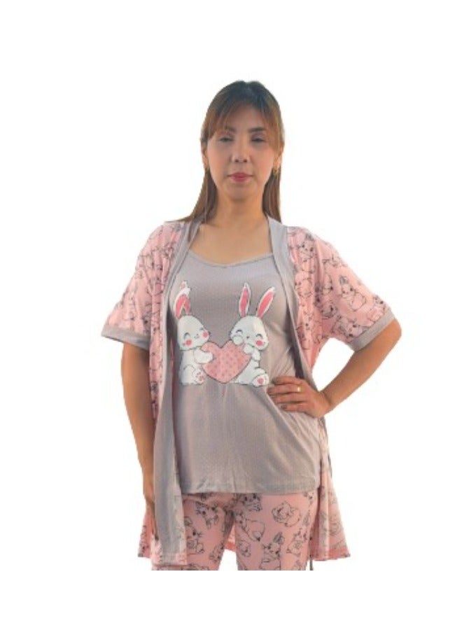 JOANNA JOANNA Women's Short Sleeve Robe Cami & Trouser 3 Pieces Set  Sleepwear with Removable Waist Belt, Pink  - Image 2