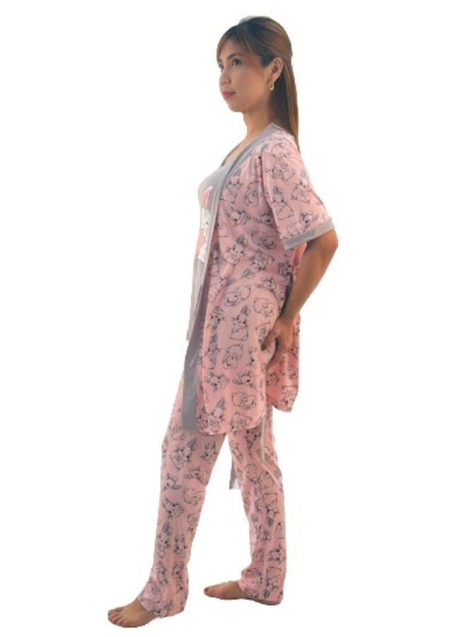 JOANNA JOANNA Women's Short Sleeve Robe Cami & Trouser 3 Pieces Set  Sleepwear with Removable Waist Belt, Pink  - Image 4