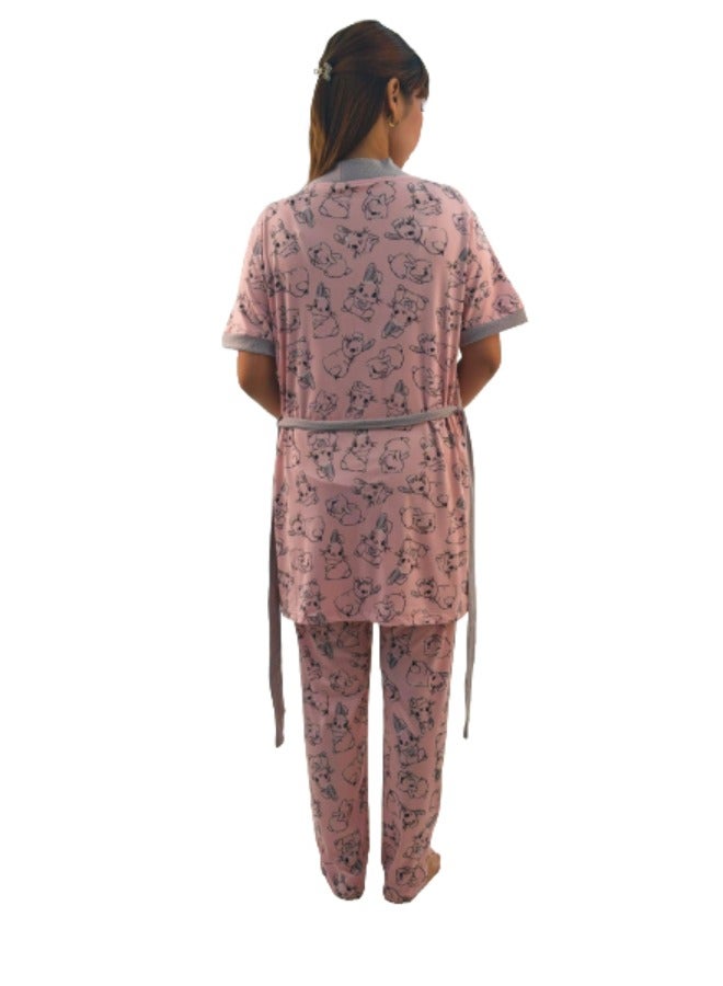 JOANNA JOANNA Women's Short Sleeve Robe Cami & Trouser 3 Pieces Set  Sleepwear with Removable Waist Belt, Pink  - Image 5