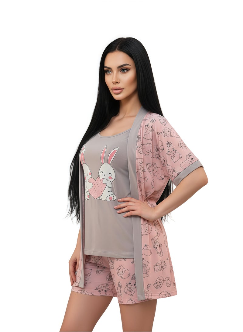 JOANNA Women's Short Sleeve Robe Cami & Trouser 3 Pieces Set  Sleepwear with Removable Waist Belt, Pink - Image 5