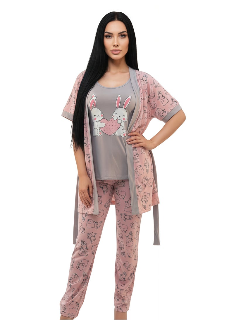 JOANNA Women's Short Sleeve Robe Cami & Trouser 3 Pieces Set  Sleepwear with Removable Waist Belt, Pink - Image 1