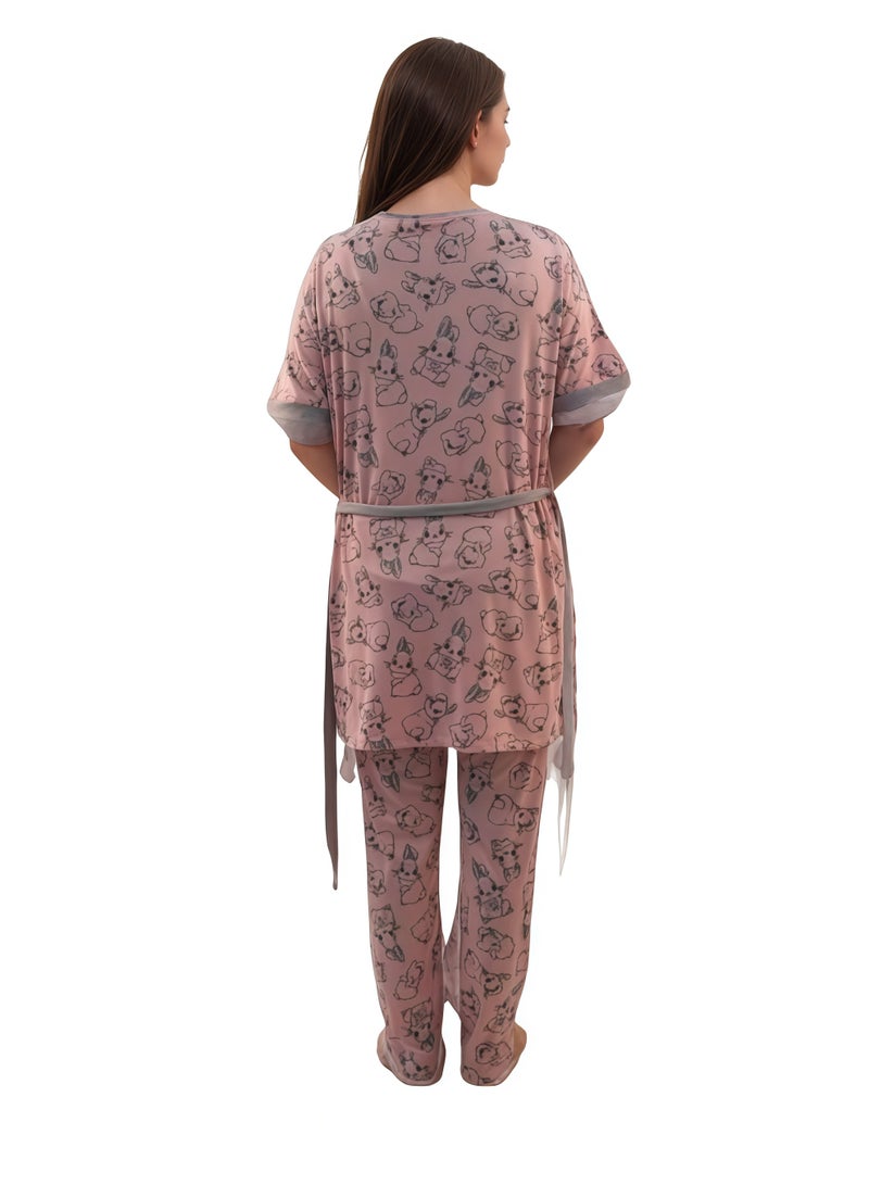 JOANNA Women's Short Sleeve Robe Cami & Trouser 3 Pieces Set  Sleepwear with Removable Waist Belt, Pink - Image 3