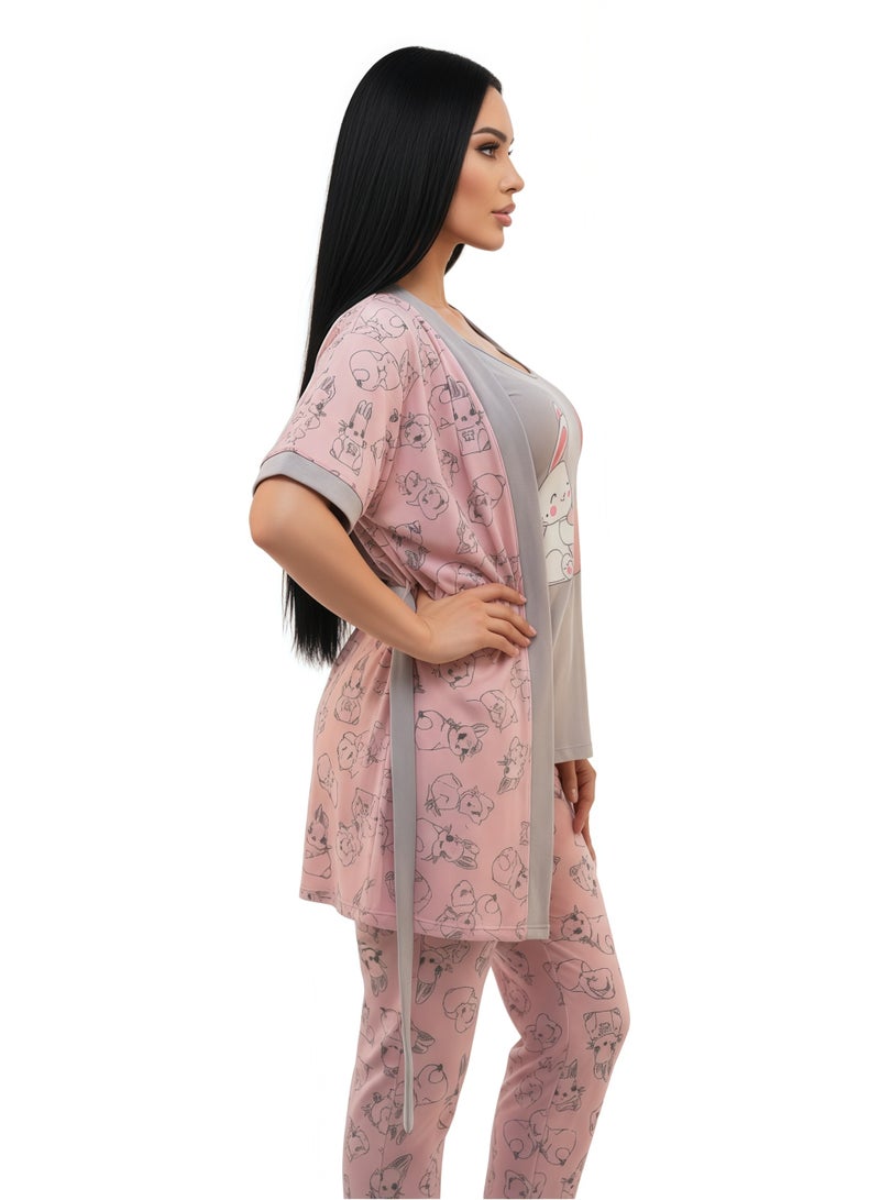 JOANNA Women's Short Sleeve Robe Cami & Trouser 3 Pieces Set  Sleepwear with Removable Waist Belt, Pink - Image 2