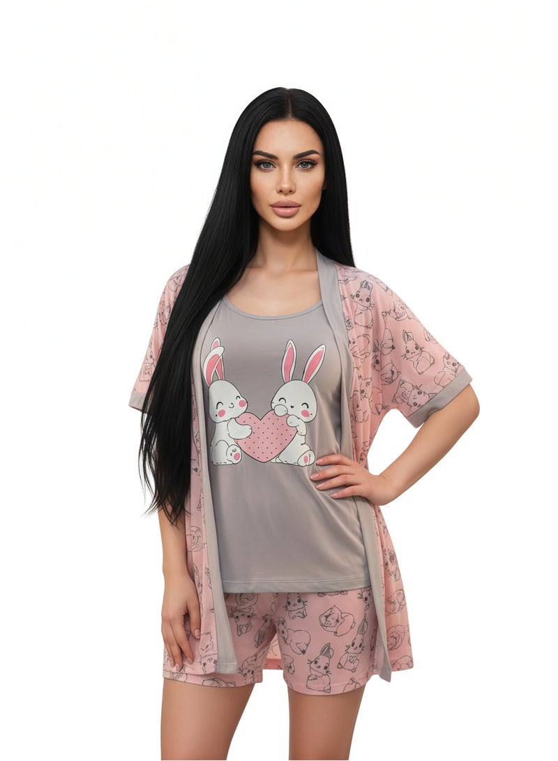 JOANNA Women's Short Sleeve Robe Cami & Trouser 3 Pieces Set  Sleepwear with Removable Waist Belt, Pink - Image 4