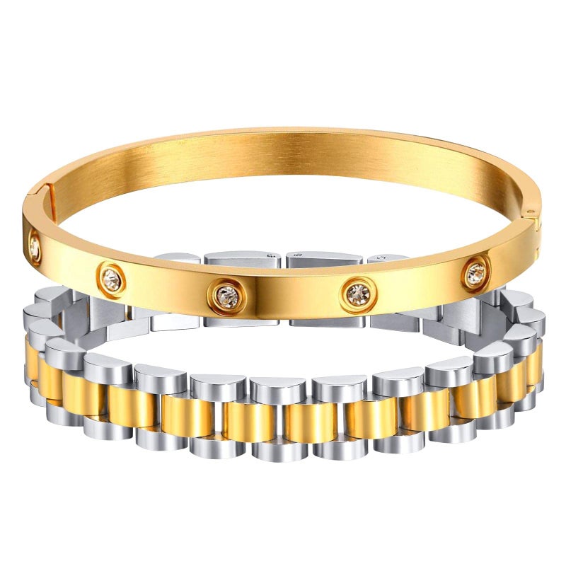 MPRAINBOW 2pcs 18K Gold Plated Chain Link Bracelet, Stainless Steel Crystal Friendship Bracelets Bangle,Watch Band Chains Wristband Jewelry with Adjust Tool - Image 1