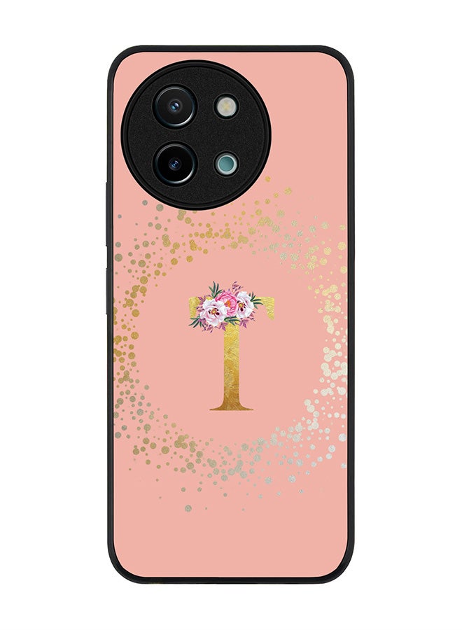 Stylizedd Rugged Black edge case for Vivo Y38 / Vivo Y58 / Vivo Y200i /Vivo T3x Case Cover Custom Monogram Initial Letter Floral Pattern Alphabet- T (Rose Pink) - Image 1