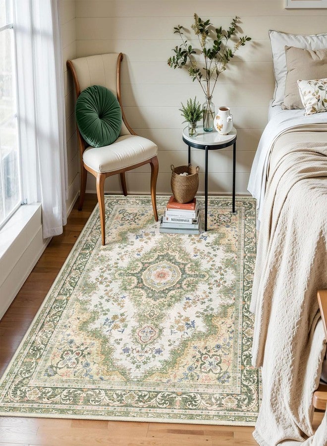 Castage Green Rug 3'x5',Washable Area Rugs for Bedroom Living Room Kitchen Entryway Bedside,Small Boho Vintage Bohemian Distressed Oriental Non Slip Carpet,Sage Floral - Image 4
