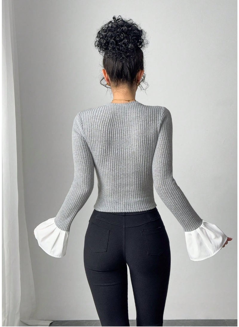 SHEIN Women's Solid Color V-Neck Long Sleeve Casual Top, Minimalist Daily Wear Fall Cloth For Women - Image 2