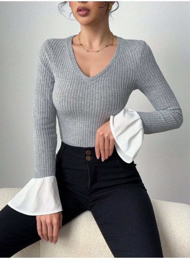 SHEIN Women's Solid Color V-Neck Long Sleeve Casual Top, Minimalist Daily Wear Fall Cloth For Women - Image 5