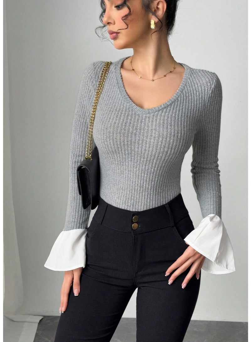 SHEIN Women's Solid Color V-Neck Long Sleeve Casual Top, Minimalist Daily Wear Fall Cloth For Women - Image 4