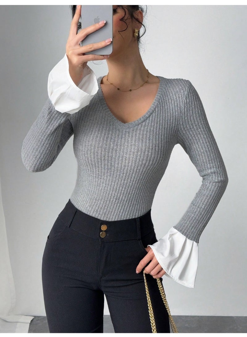 SHEIN Women's Solid Color V-Neck Long Sleeve Casual Top, Minimalist Daily Wear Fall Cloth For Women - Image 1