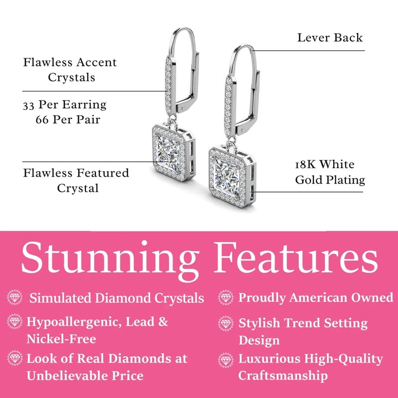Cate & Chloe Ivy 18k White Gold Dangle Earrings with Princess Cut Simulated Diamond Crystals, Hypoallergenic Jewelry for Women, Gift for Her on Christmas, Halloween, and More - Image 2