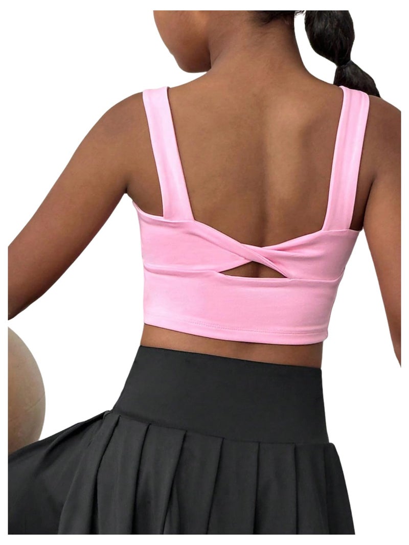 WDIRARA Girl's Twist Back Sports Bras Backless Tank Top Workout Sports Shirts for Gym Watermelon Pink 10Y - Image 1