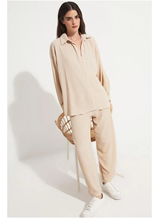 جون June Women Cotton Blend Shirt Trouser Set Stone