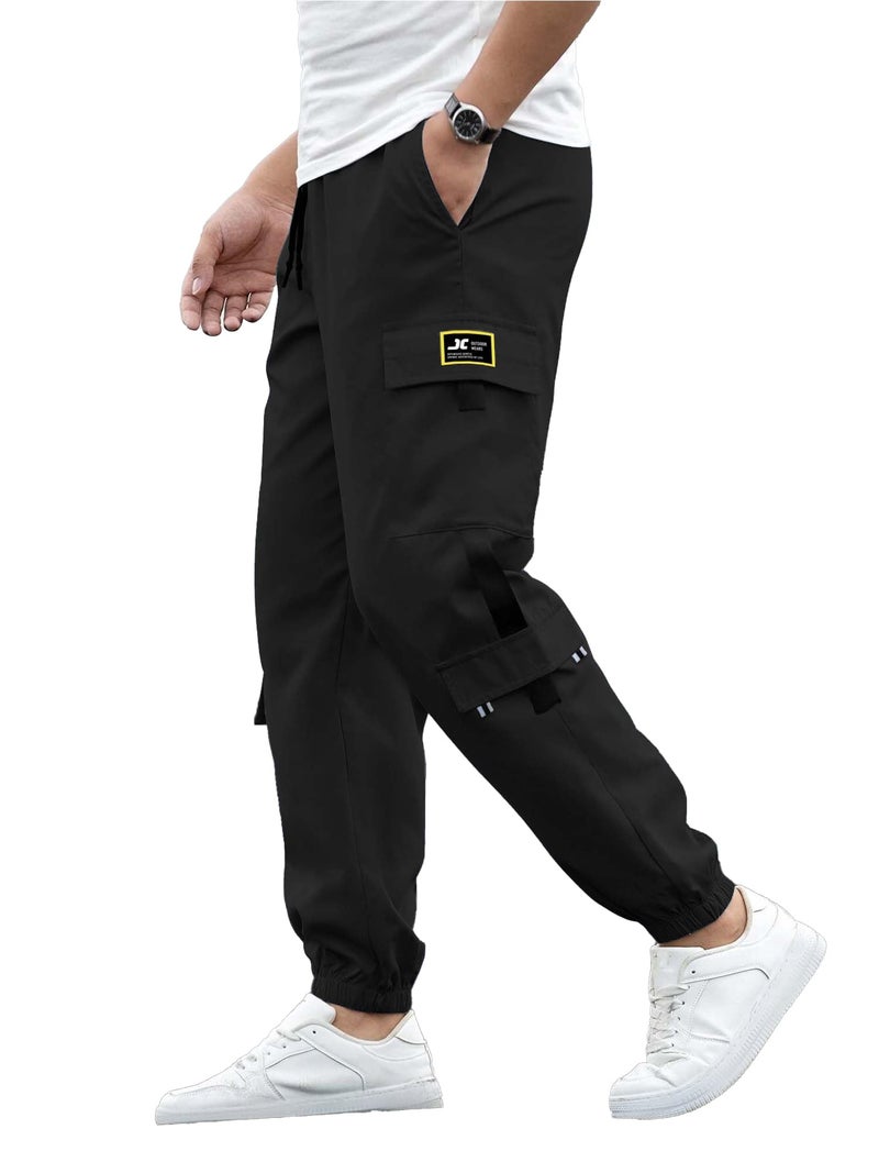 Jump Cuts Men's Black Cargo Pants - Polyester/Lycra Blended, Drawstring, Loose Fit, Medium Size (31 inches Waist), 6 Pockets, Casual Wear - Image 1