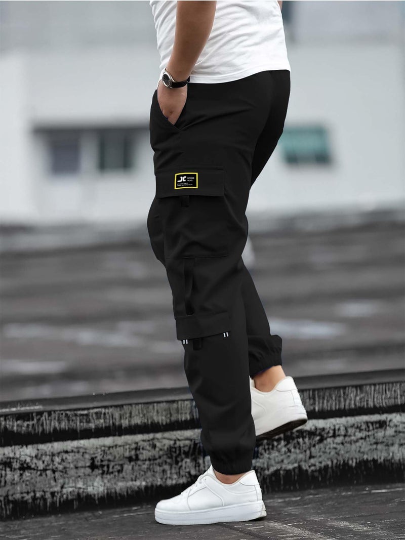 Jump Cuts Men's Black Cargo Pants - Polyester/Lycra Blended, Drawstring, Loose Fit, Medium Size (31 inches Waist), 6 Pockets, Casual Wear - Image 2