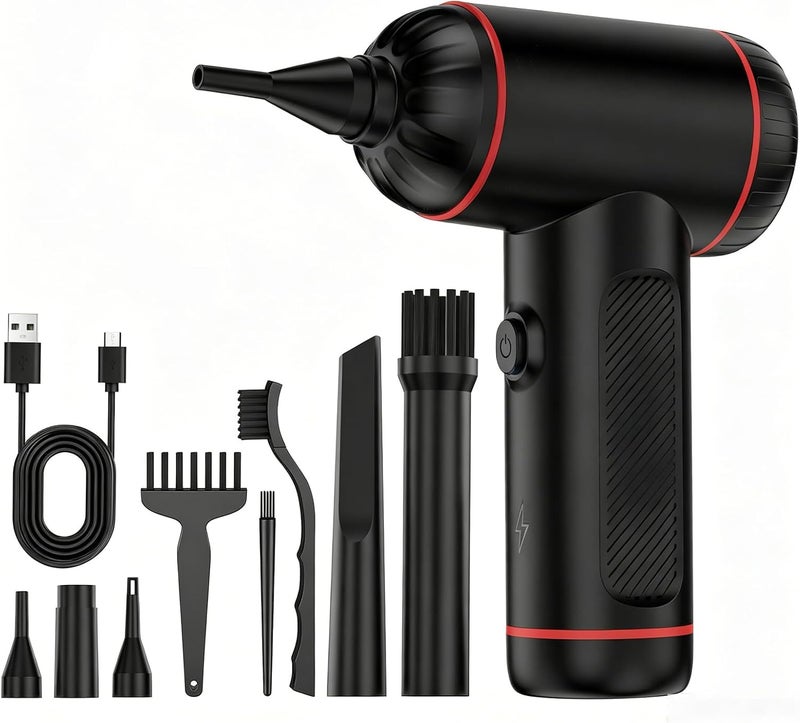 KOPIDOE Compressed Air Duster, 100000RPM Handheld Car Vacuum/Air Blower& Pump, 3 Gear Adjustable Electric Air Duster/Car Vacuum Cleaner, Keyboard Duster with LED Light-10 Kits Air Blower for Computer(Black) - Image 1