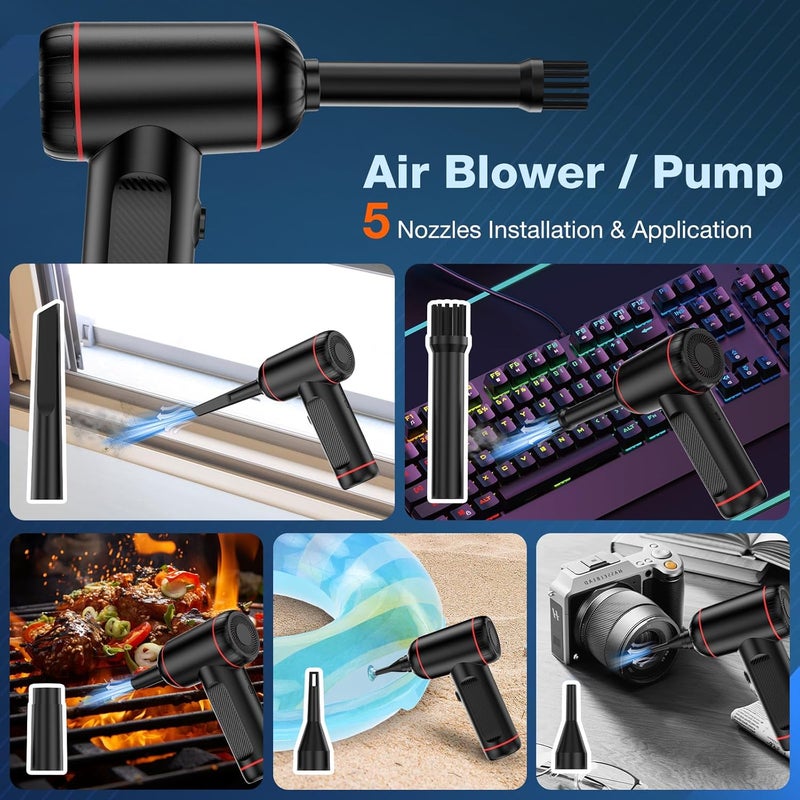 KOPIDOE Compressed Air Duster, 100000RPM Handheld Car Vacuum/Air Blower& Pump, 3 Gear Adjustable Electric Air Duster/Car Vacuum Cleaner, Keyboard Duster with LED Light-10 Kits Air Blower for Computer(Black) - Image 4