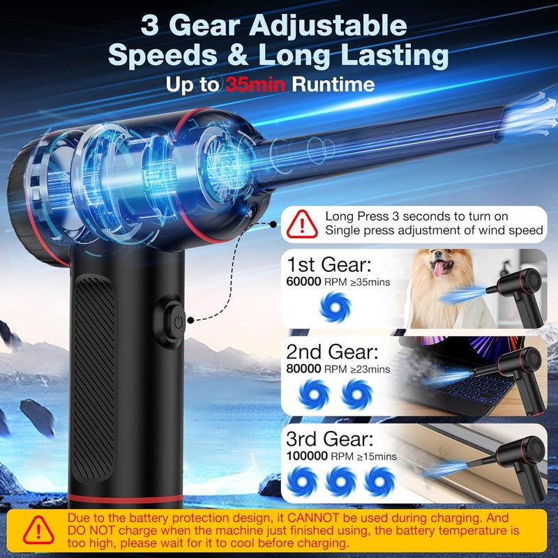 KOPIDOE Compressed Air Duster, 100000RPM Handheld Car Vacuum/Air Blower& Pump, 3 Gear Adjustable Electric Air Duster/Car Vacuum Cleaner, Keyboard Duster with LED Light-10 Kits Air Blower for Computer(Black) - Image 2