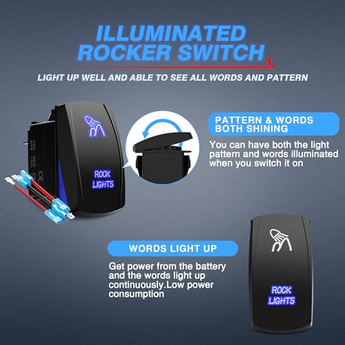 MICTUNING Blue ROCK LIGHTS Rocker Switch Kit- On/Off Blue LED Light 20A 12V (LS083501JL) - Image 2