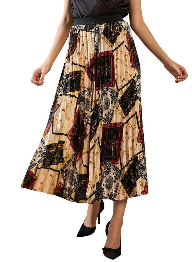 StyleStone Stylestone Printed Satin Pleated A-Line Midi Skirt