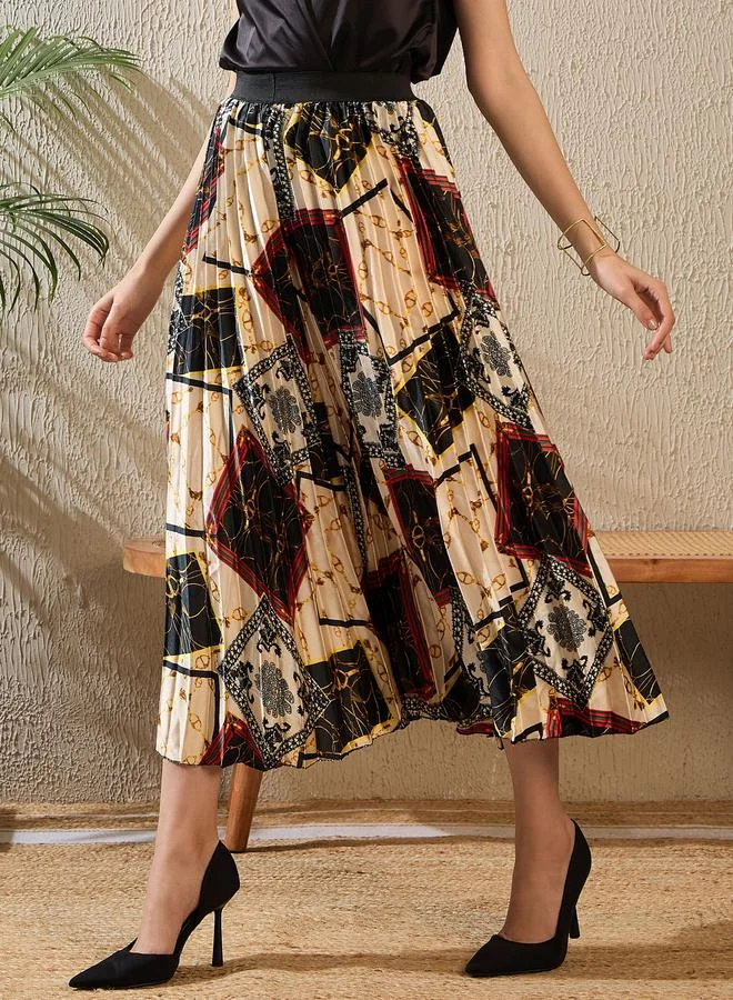 StyleStone Stylestone Printed Satin Pleated A-Line Midi Skirt