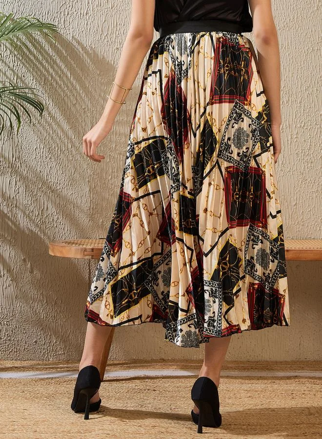 StyleStone Stylestone Printed Satin Pleated A-Line Midi Skirt
