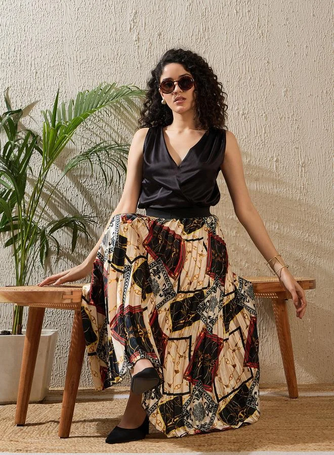 Stylestone Printed Satin Pleated A-Line Midi Skirt
