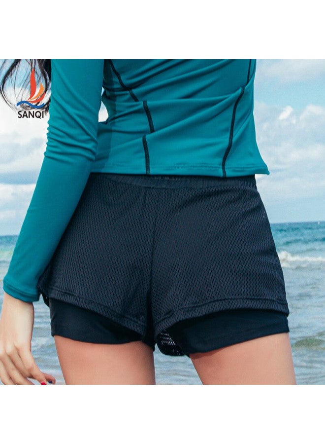 Sanqi Women's Swim Shorts, Double-layer Anti-exposure Conservative Boyshorts, Fitness Beach Swimming Shorts, Black, L - Image 2