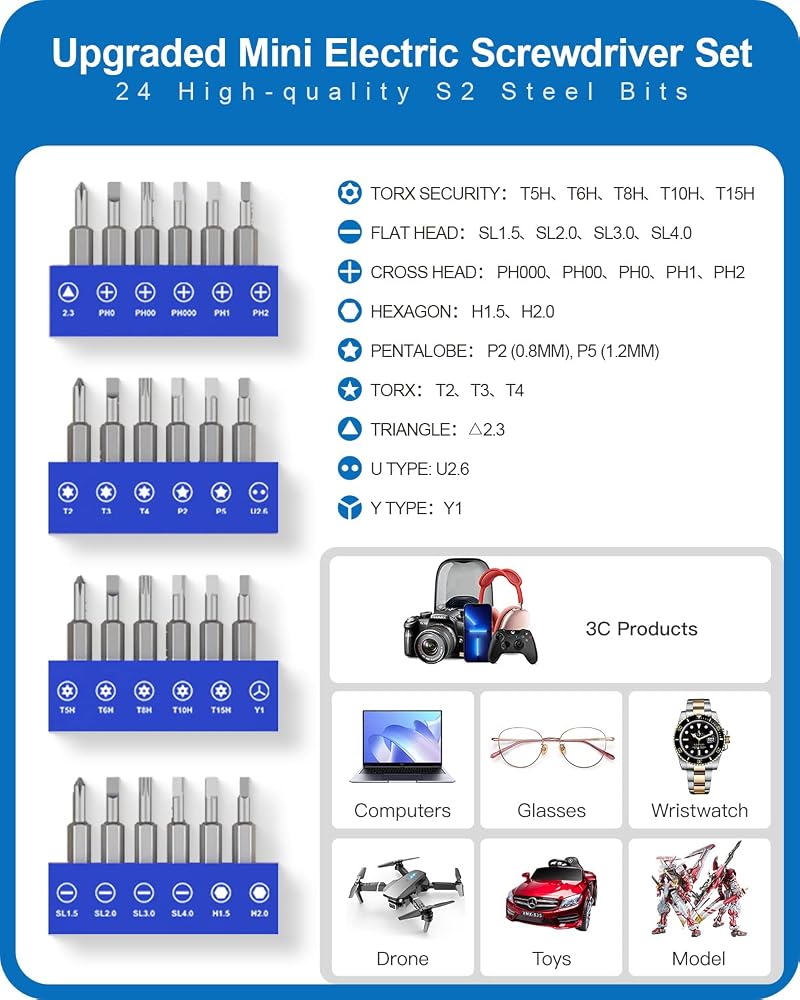 King'sdun Kingsdun 28 in 1 Electric Screwdriver, Cordless Precision Power Screwdriver Set with 24 Magnetic Bits, Rechargeable Repair Tool Kit with LED Lights for Phones Camera Watch Conputers Laptops (Silver) - Image 4