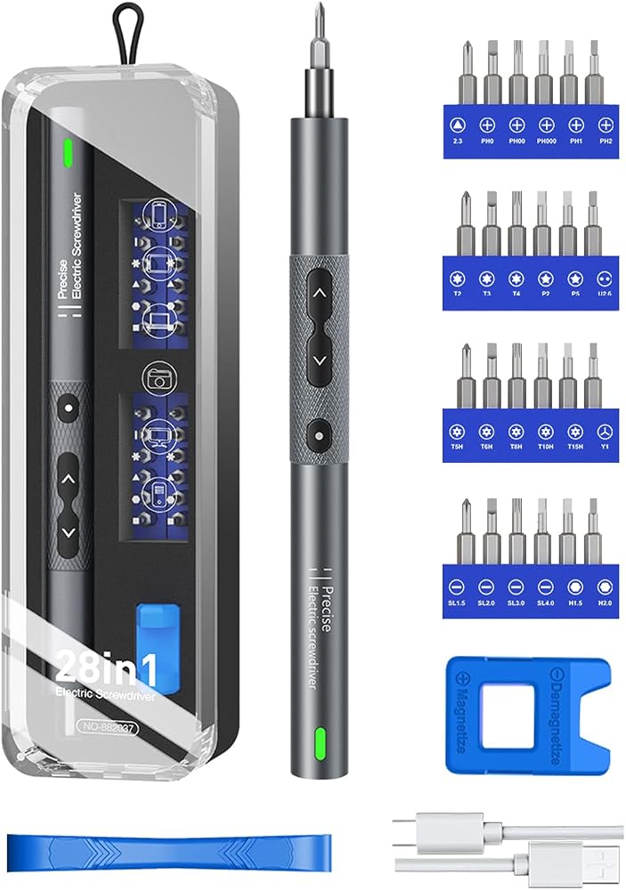 King'sdun Kingsdun 28 in 1 Electric Screwdriver, Cordless Precision Power Screwdriver Set with 24 Magnetic Bits, Rechargeable Repair Tool Kit with LED Lights for Phones Camera Watch Conputers Laptops (Silver) - Image 1