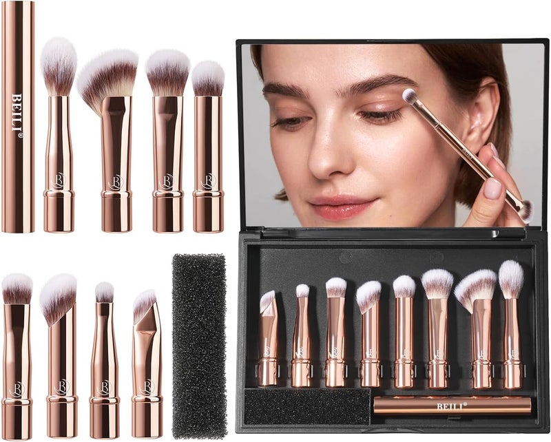 BEILI Travel Eye Makeup Brushes Set 8pcs Removable Double Sided Makeup Brush with Mirror Box Removal Cleaner Sponge Rose Gold