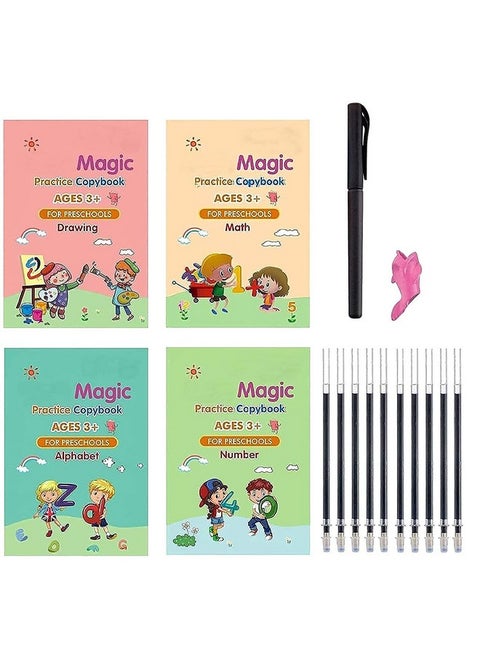 Magic Practice Copybook, (4 BOOK + 10 REFILL) Number Tracing Book for Preschoolers with Pen, Magic Calligraphy Copybook Set Practical Reusable Writing Tool Simple Hand Lettering (A5)