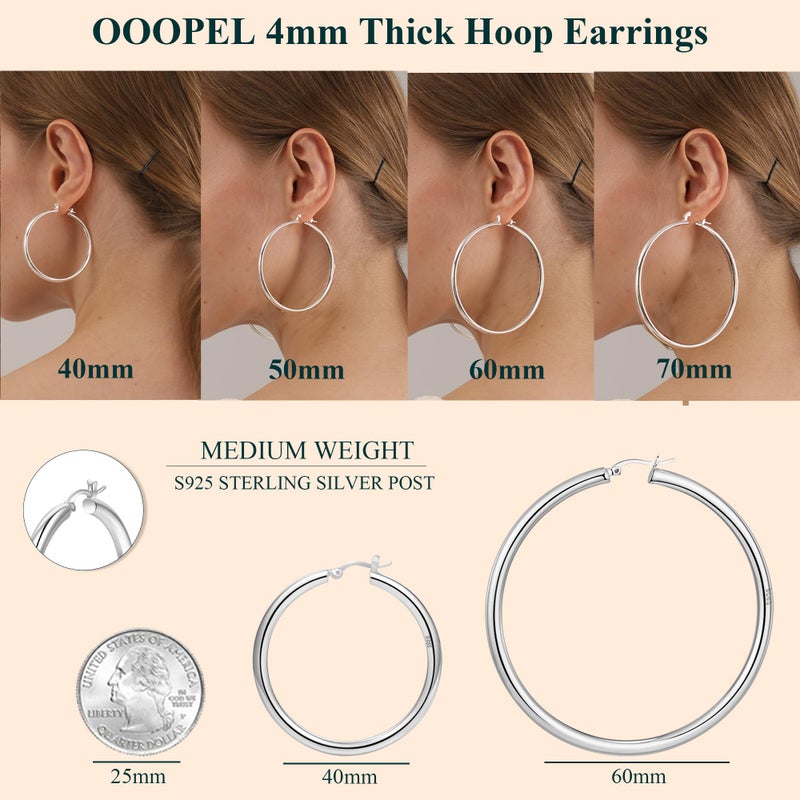 OOOPEL 4mm Thick Silver Chunky Earrings Hoops Earrings For Women Hollow Tube Hoops Earrings Thick Hoops Hypoallergenic Lightweight Silver Hoop Large Earrings 20/30/40/50/60MM - Image 4