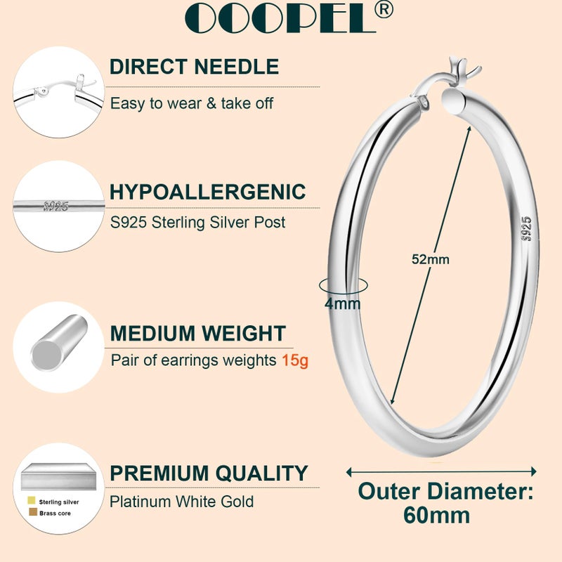 OOOPEL 4mm Thick Silver Chunky Earrings Hoops Earrings For Women Hollow Tube Hoops Earrings Thick Hoops Hypoallergenic Lightweight Silver Hoop Large Earrings 20/30/40/50/60MM - Image 3
