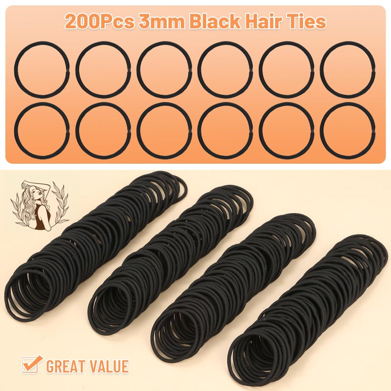 Anezus 200 Pcs Hair Ties for Women Girls Hair Elastics Hair Bands Ponytail Holders Hair Rubber Bands for Thick Straight Curly Hair (Black) - Image 3