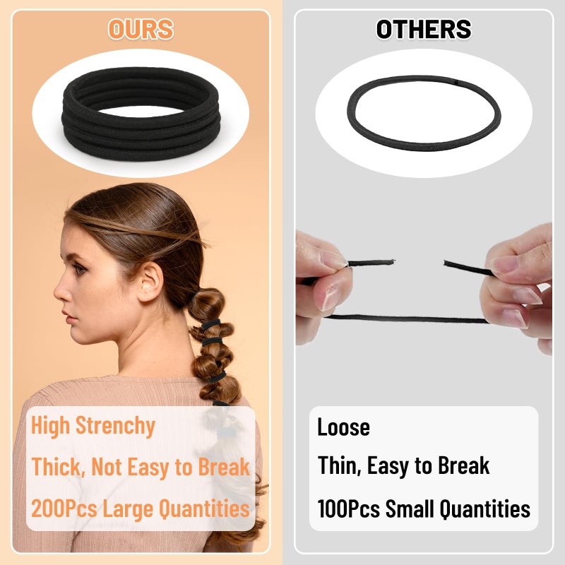 Anezus 200 Pcs Hair Ties for Women Girls Hair Elastics Hair Bands Ponytail Holders Hair Rubber Bands for Thick Straight Curly Hair (Black) - Image 4