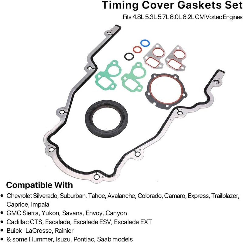MNJWS Timing Cover Gasket Set - Compatible with 4.8L 5.3L 5.7L 6.0L 6.2L Chevy Silverado, Suburban, Tahoe, GMC Sierra, Yukon, Savana, Cadillac Escalade - Replace 12633904 TCS45993 - Image 2